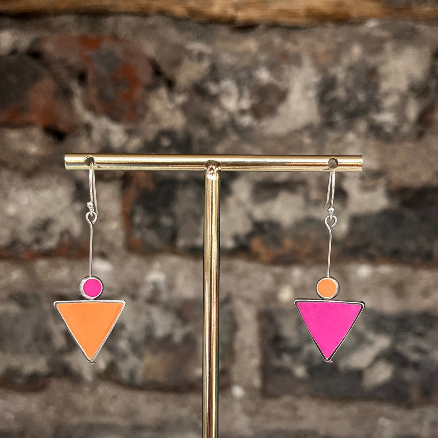 Asymmetrical Earrings - Pink + Orange Triangles