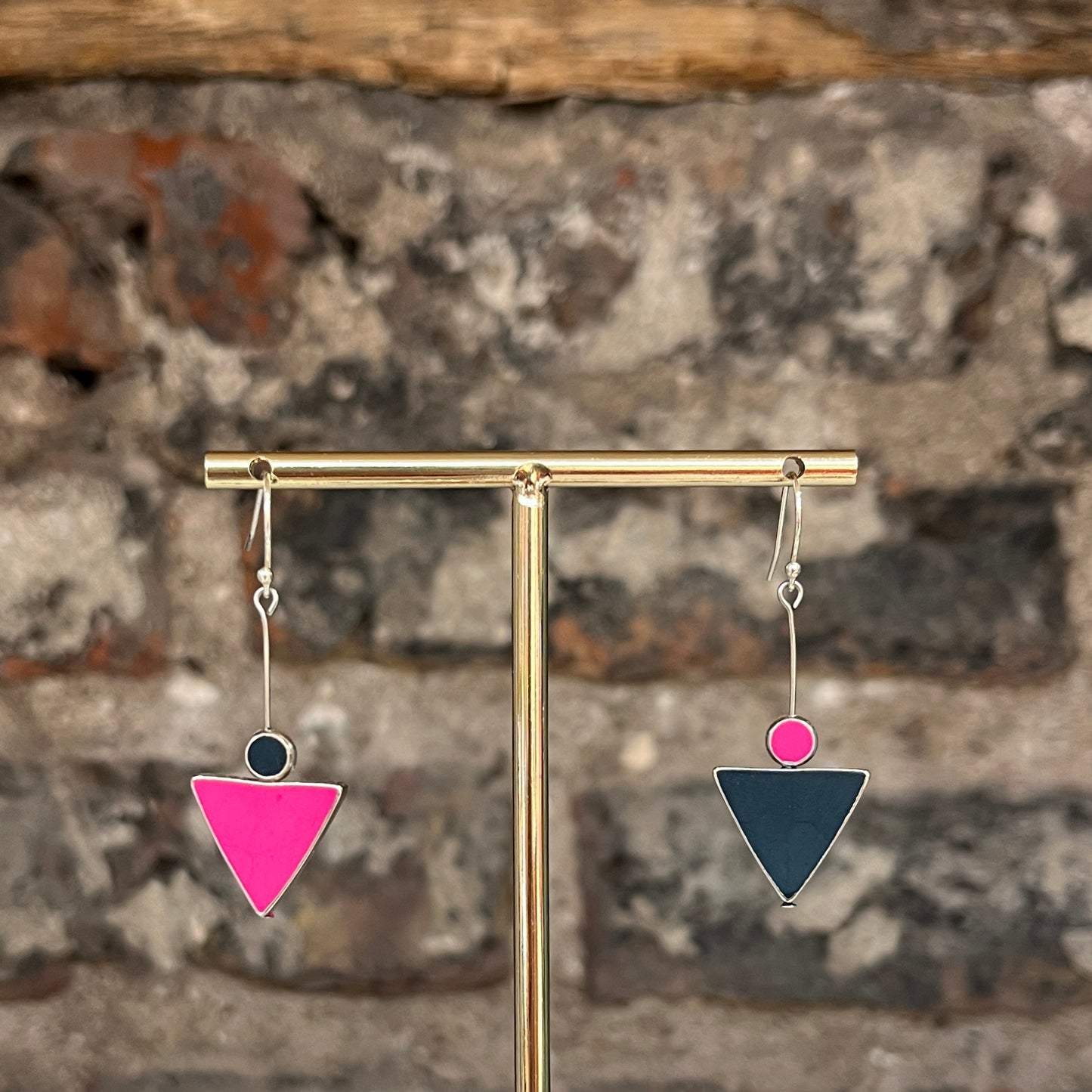 Asymmetrical Earrings - Pink + Navy Triangles