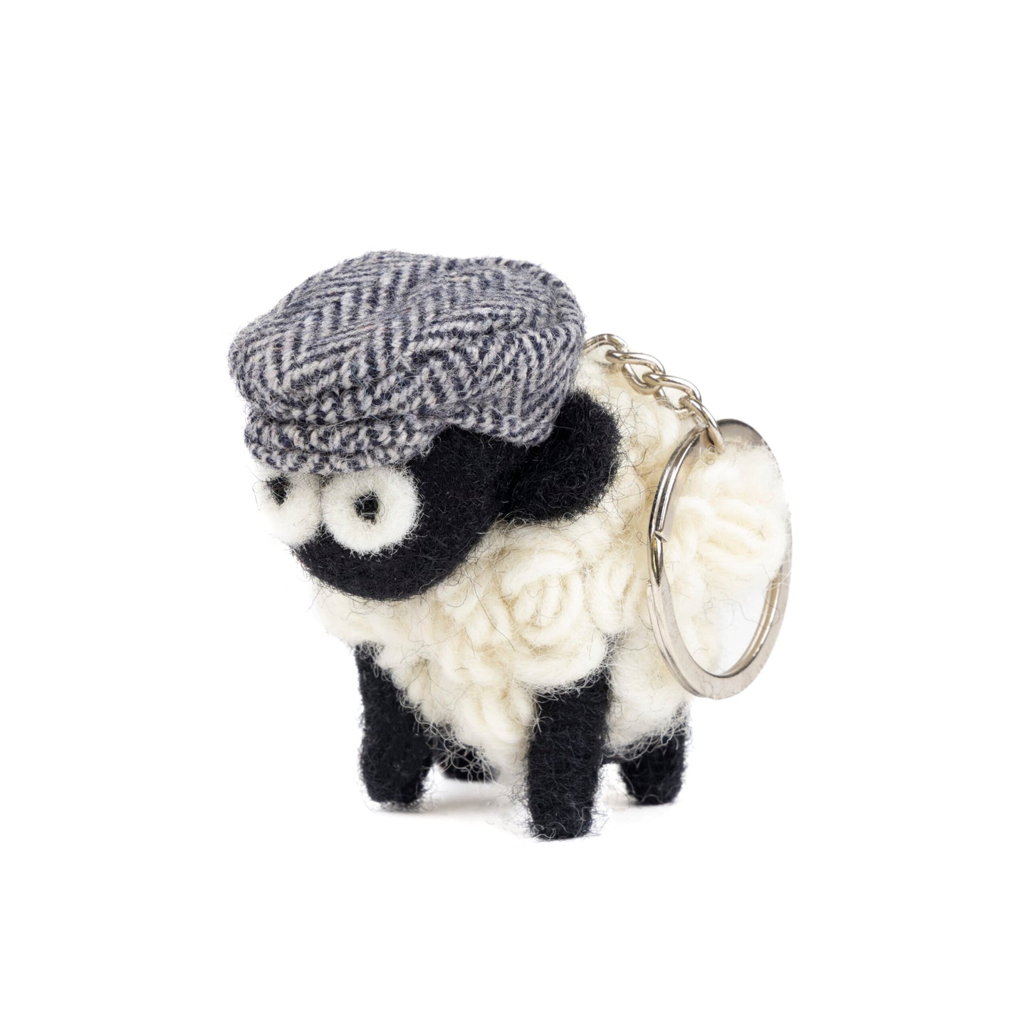 Knitted Sheep Keyring Mountain Blackface With Blue Tweed Flatcap