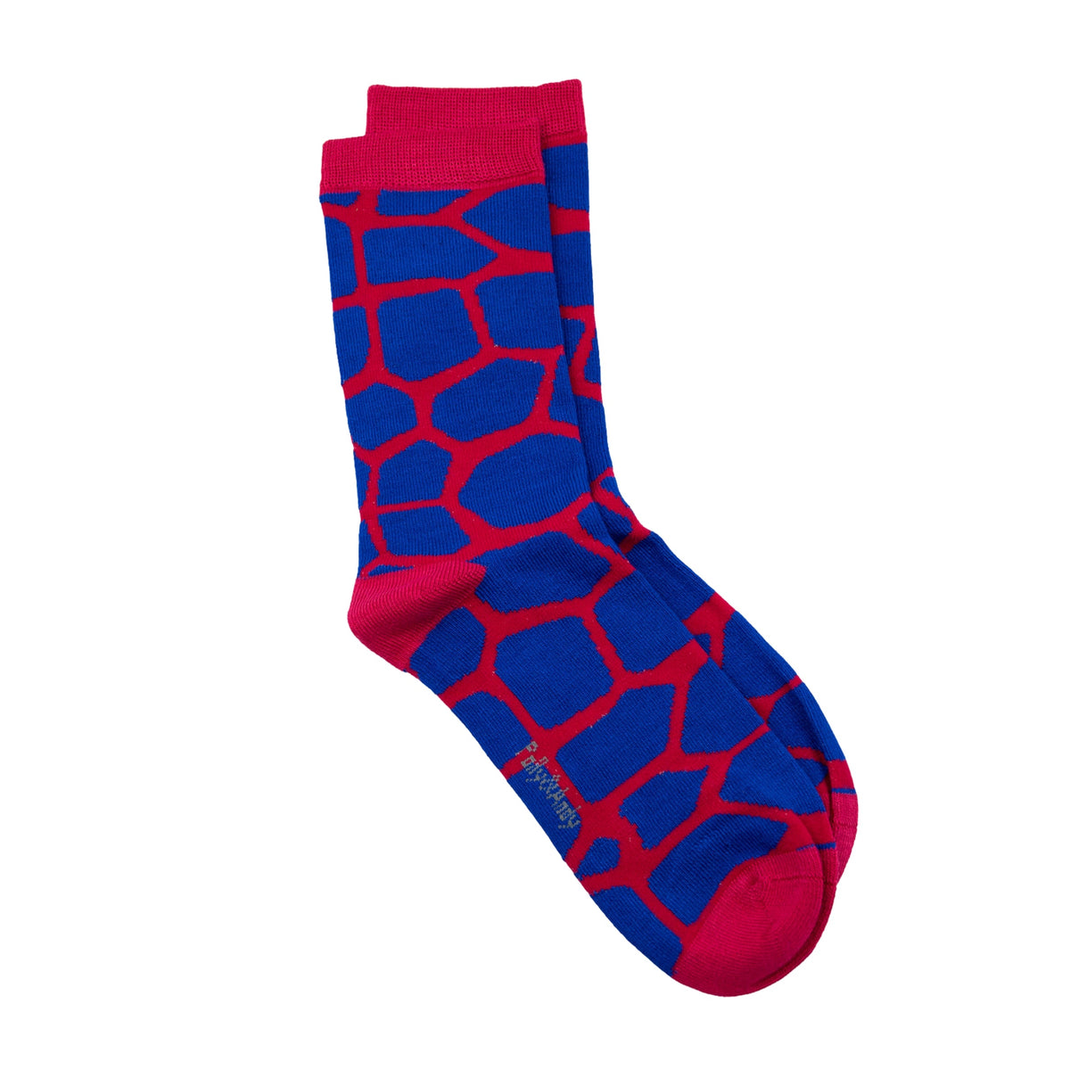 A pair of mens seamless bamboo crew socks featuring a bold blue and red giraffe-like abstract pattern, with solid red cuffs, toes, and heels, displayed against a plain white background.