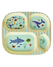 Load image into Gallery viewer, Melamine Kids 4 Room Plate - Blue Ocean Print