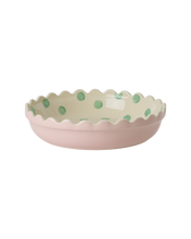 Load image into Gallery viewer, Stoneware Pie Dish in Two Tone Pink and Cream with Green Dots - Small
