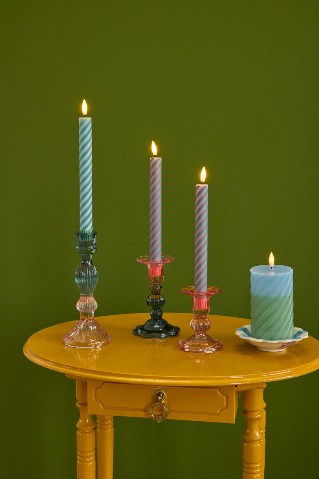 LED Candle in Coral and Petrol Stripes 2 pack