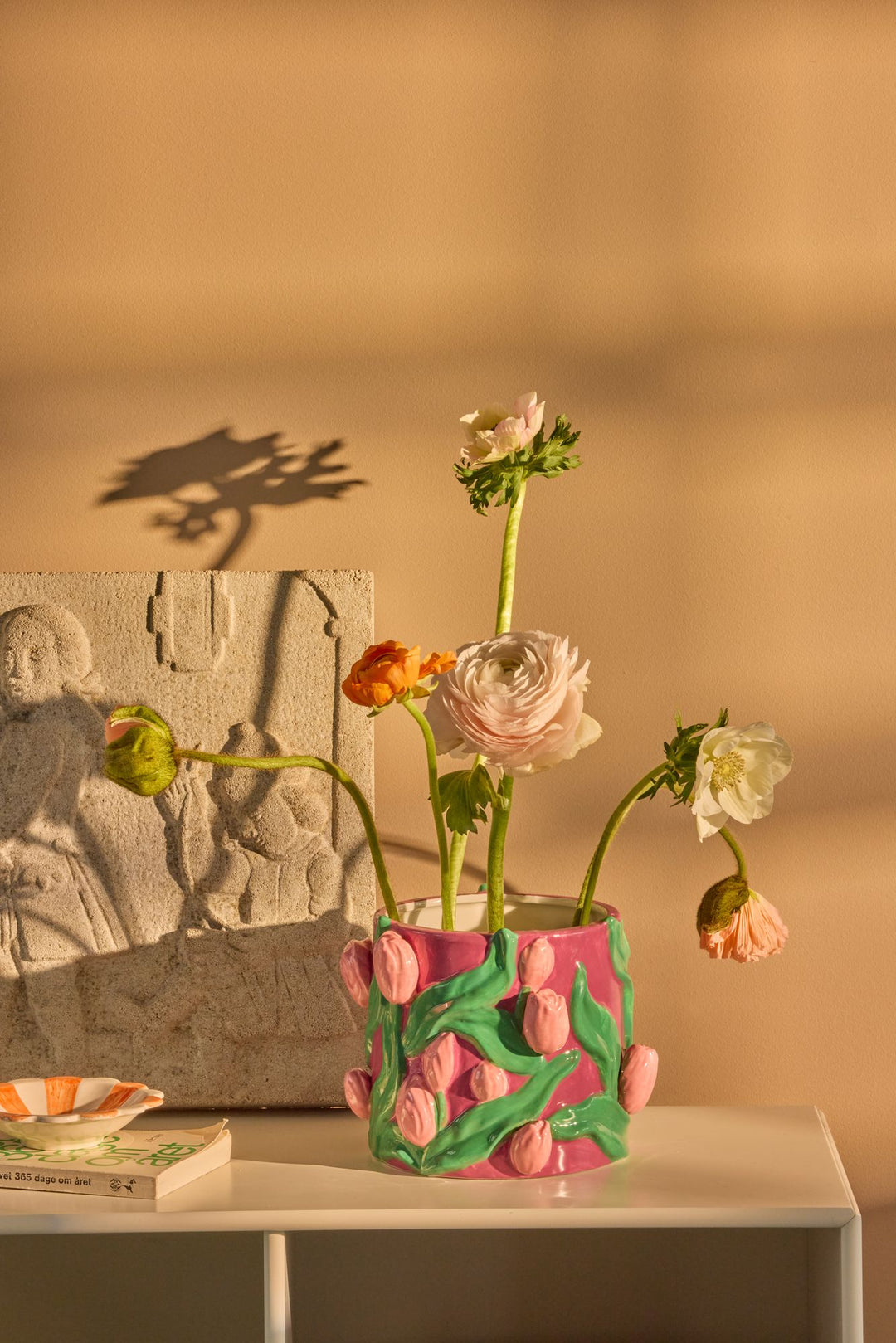 Ceramic Flower Pot - Bordeaux Embossed Tulips Design
