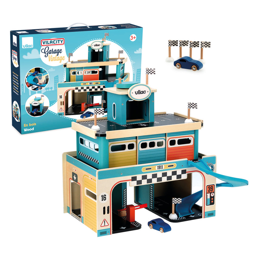 Vilac Vintage Wooden Toy Garage with Car Lift and Spiral Ramp