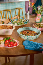 Load image into Gallery viewer, Stoneware Pie Dish in Pink with Coral Stripes and Edge - Small