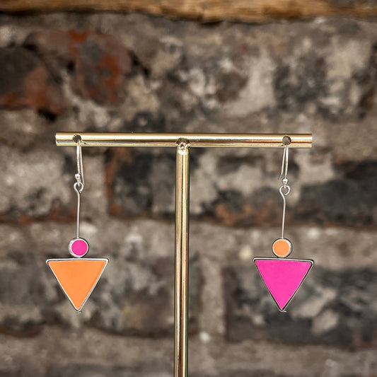 Asymmetrical Earrings - Pink + Orange Triangles