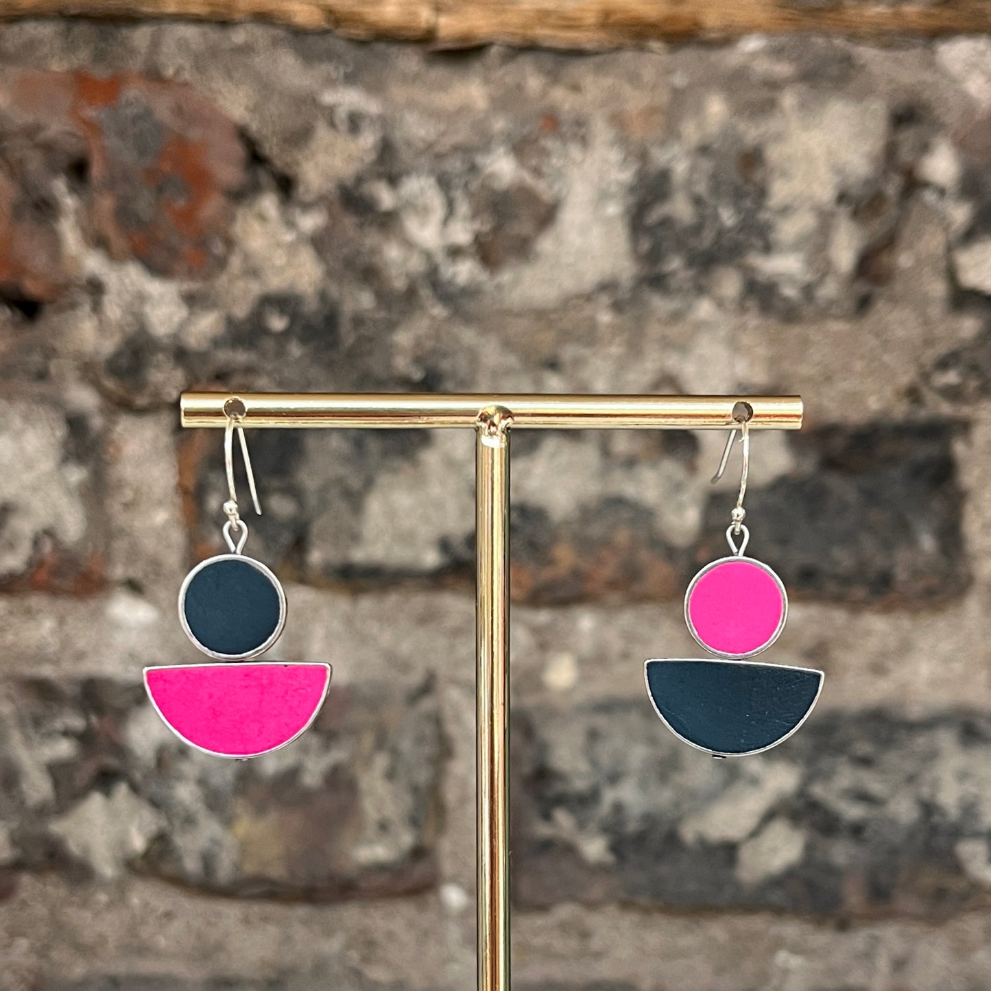 Asymmetrical Earrings - Pink + Navy Semi-cirlces