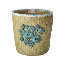 Load image into Gallery viewer, Raffia Basket with Blue Flower Embroidery and flower Fabric Edge
