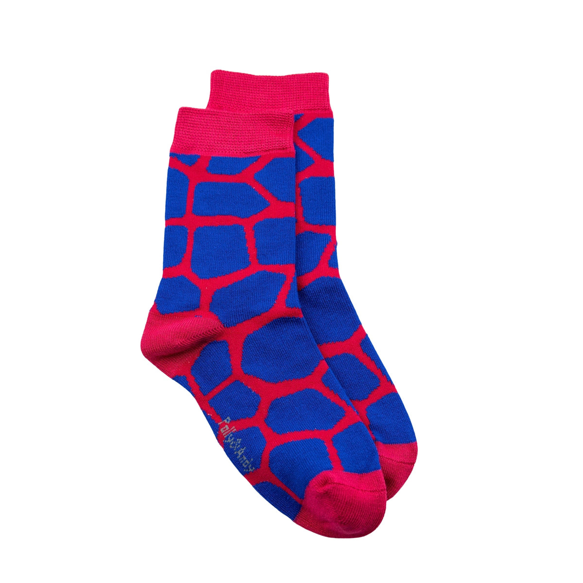 A pair of kids seamless bamboo crew socks featuring a bold blue and red giraffe-like abstract pattern, with solid red cuffs, toes, and heels, displayed against a plain white background.