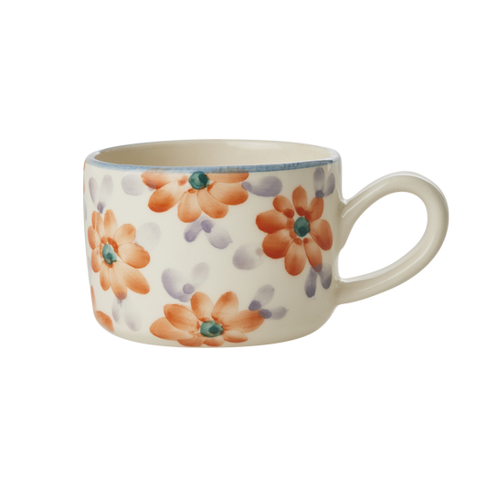 Ceramic Cappuccino Cup - Orange - Hand Painted Flowers