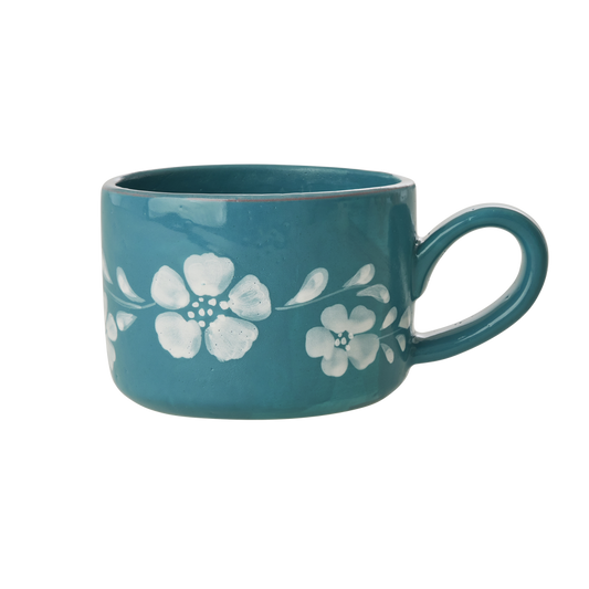 Ceramic Cappuccino Cup - Jade - Hand Painted Flowers in White