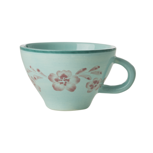 Ceramic Tea Cup - Soft Green - Hand Painted Soft Pink Flower