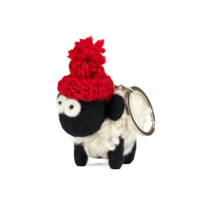 Knitted Sheep Keyring Mountain Blackface With Red Bobble Hat