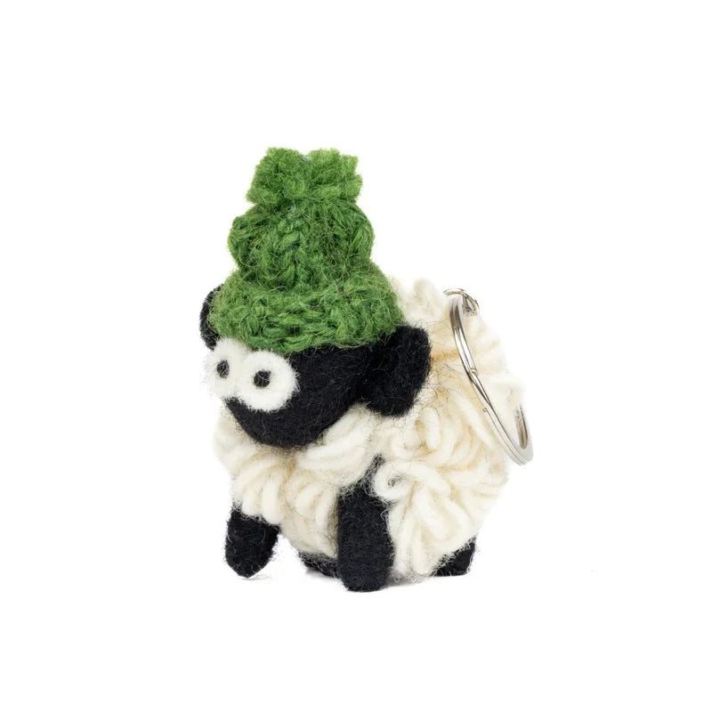 Knitted Sheep Keyring Mountain Blackface With Green Bobble Hat