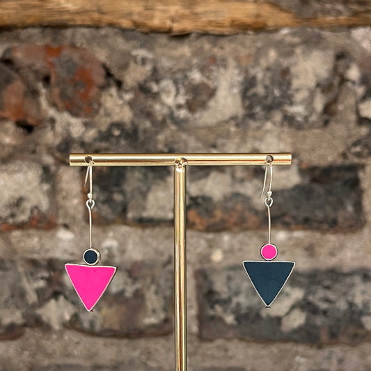 Asymmetrical Earrings - Pink + Navy Triangles