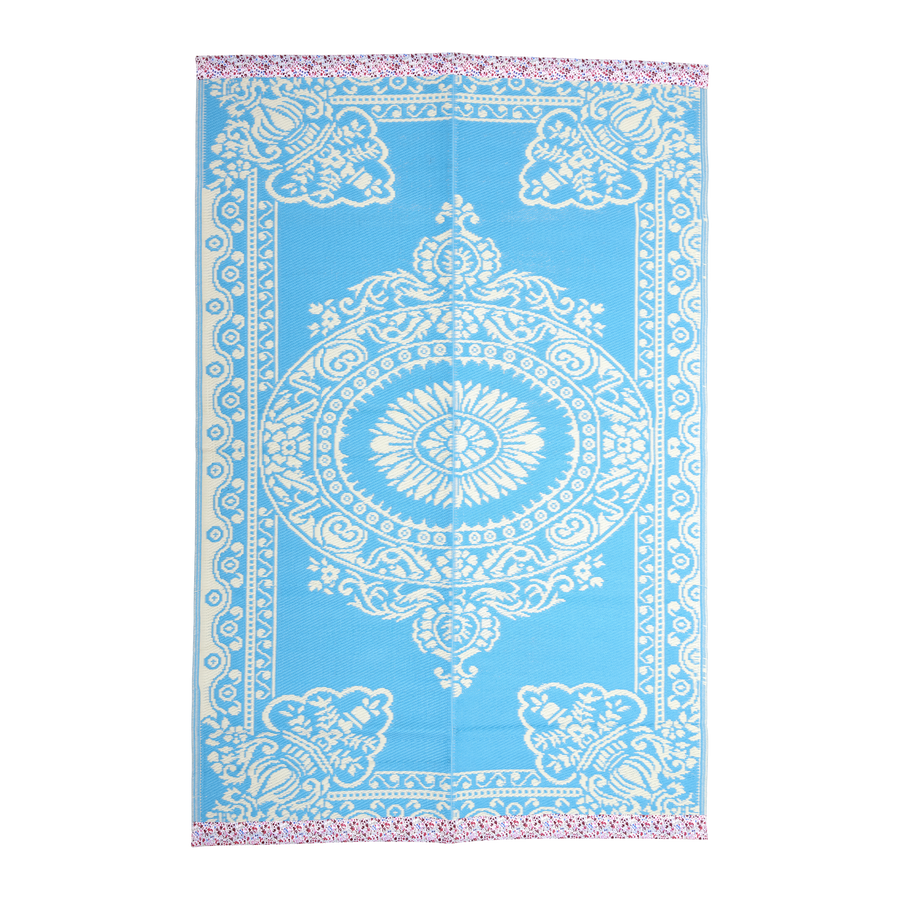 Blue Recycled Plastic Rug with Flower Border