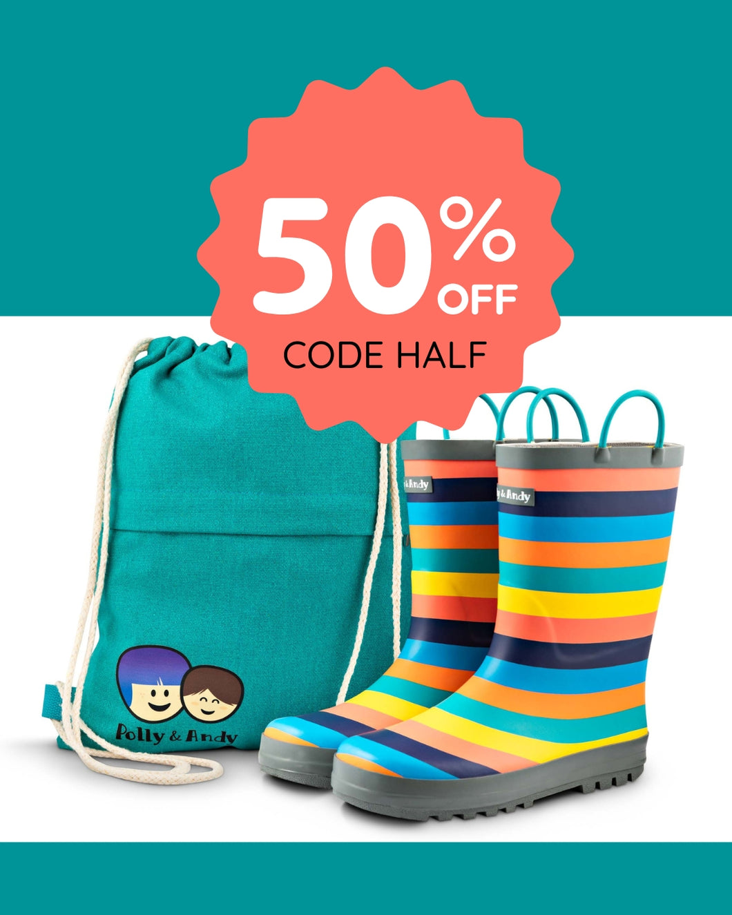 Sustainable Rainbow Rainboots now with 50% off with code HALF