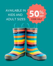 Load image into Gallery viewer, Sustainable Rainbow Rainboots now with 50% off with code HALF
