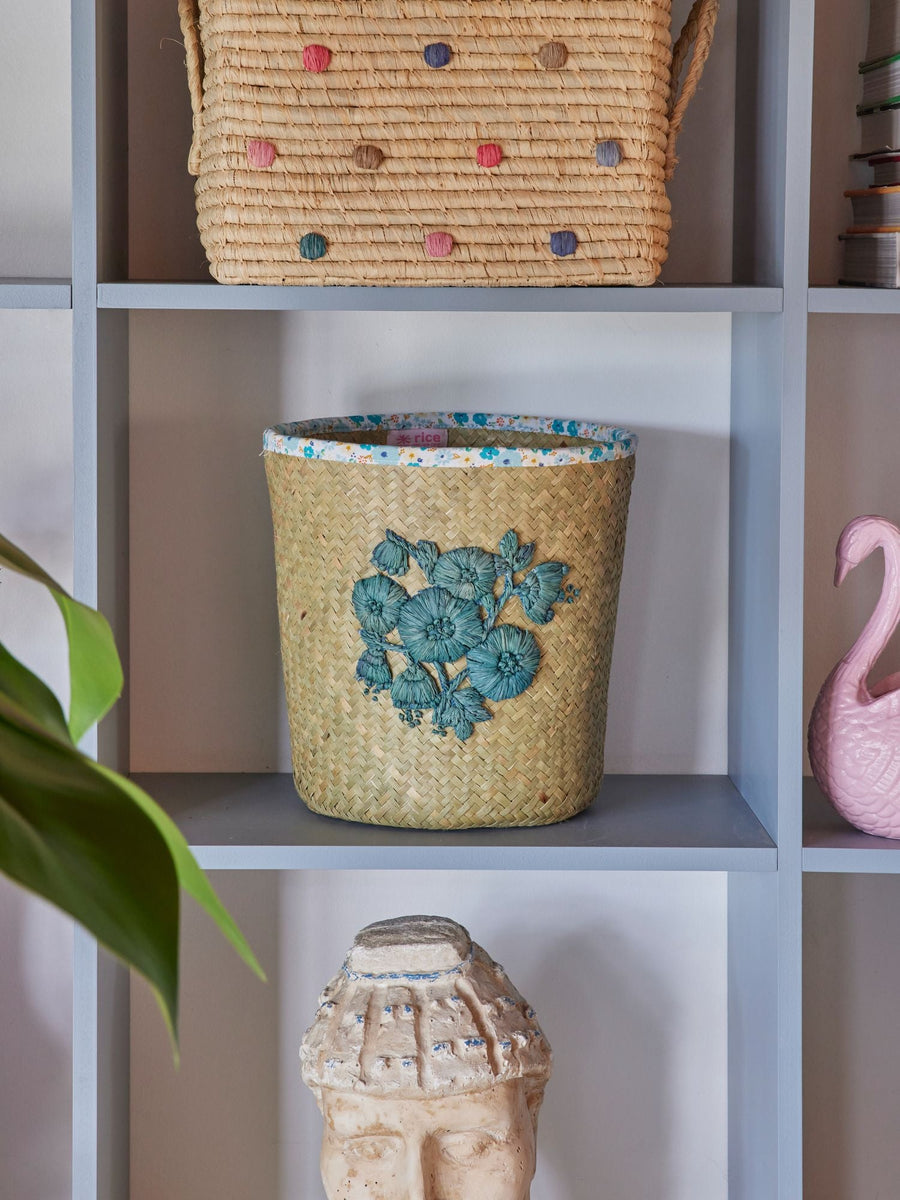 Raffia Basket with Blue Flower Embroidery and flower Fabric Edge