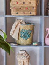 Load image into Gallery viewer, Raffia Basket with Blue Flower Embroidery and flower Fabric Edge
