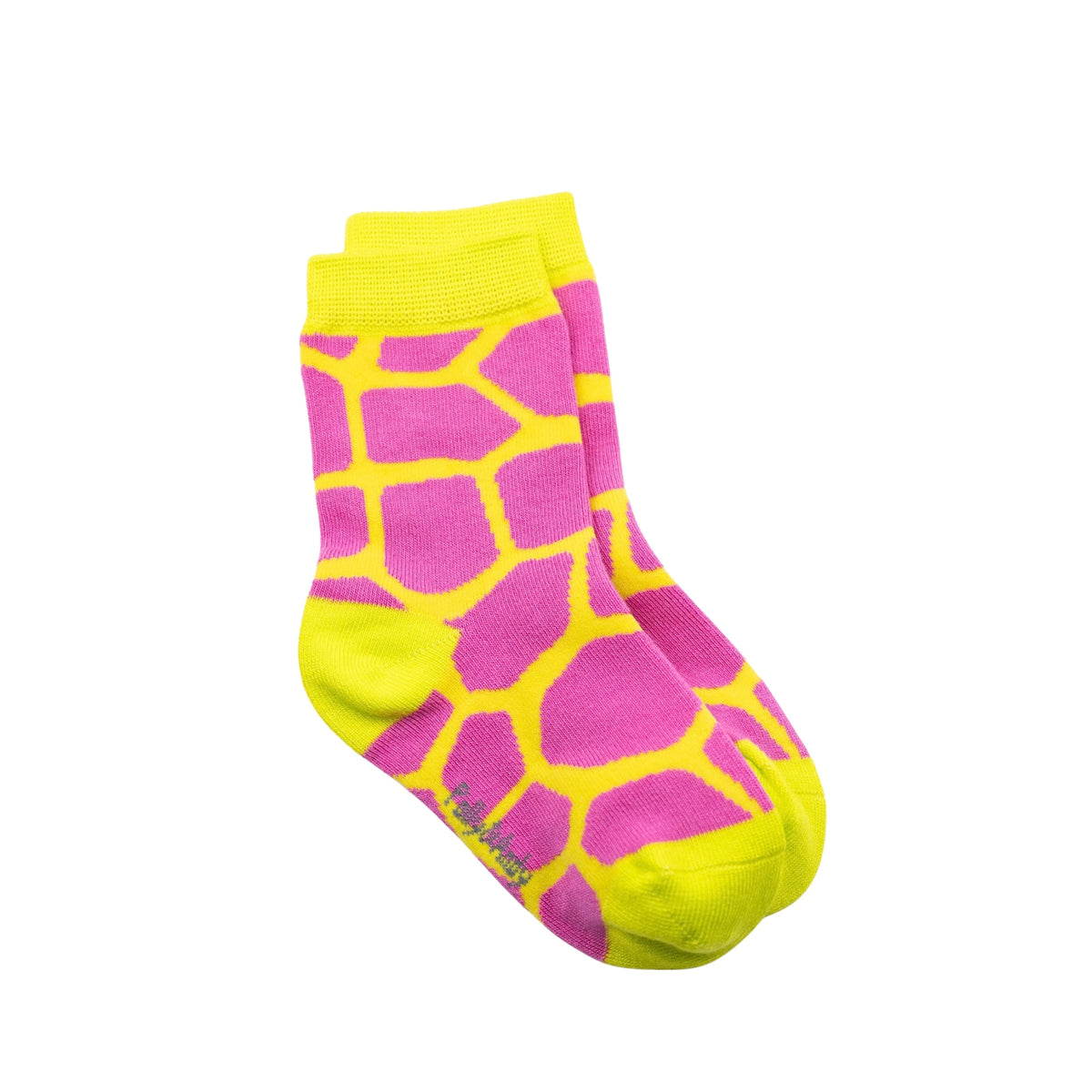 A pair of seamless soft top bamboo kids crew socks with a bright pink and neon yellow giraffe-print pattern, featuring a neon yellow cuff, heel, toe, and sole, shown against a plain white background.