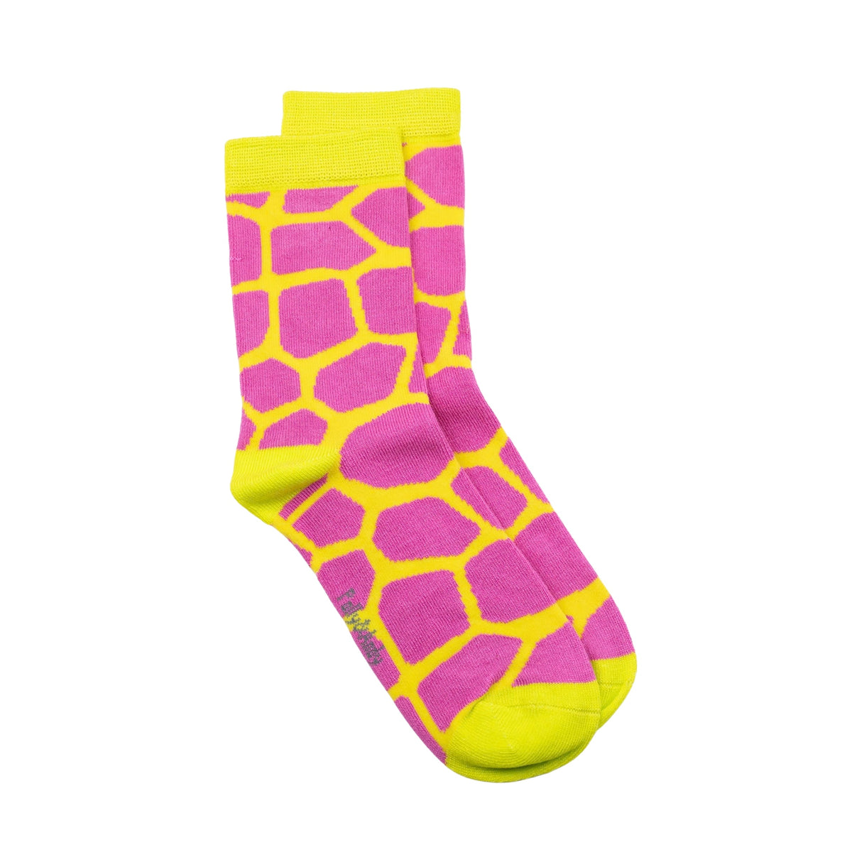 A pair of seamless soft top bamboo adult crew socks with a bright pink and neon yellow giraffe-print pattern, featuring a neon yellow cuff, heel, toe, and sole, shown against a plain white background.