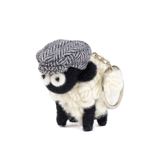 Knitted Sheep Keyring Mountain Blackface With Blue Tweed Flatcap