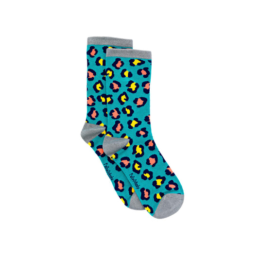 Teal Leopard Bamboo Sock (seamless toe)