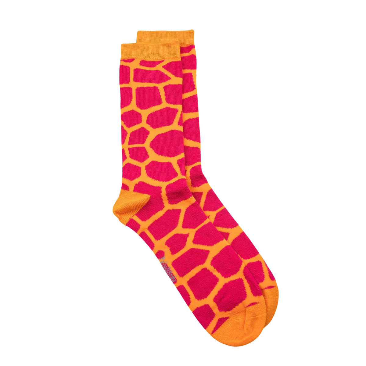 A pair of mens crew bamboo seamless socks featuring a giraffe-inspired pattern with bright orange and red sections, shown against a plain white background.