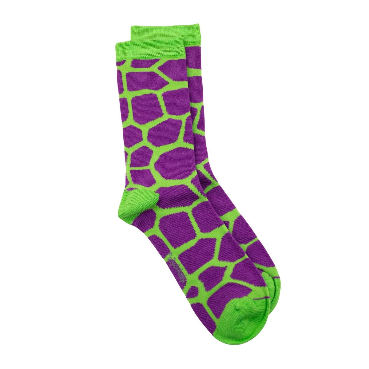 A pair of seamless bamboo crew socks featuring a purple and bright green giraffe-like spot pattern, with solid green ribbed cuffs, heels, and toes, displayed on a clean white background.