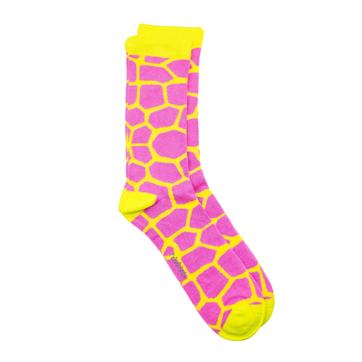 A pair of seamless soft top bamboo adult crew socks with a bright pink and neon yellow giraffe-print pattern, featuring a neon yellow cuff, heel, toe, and sole, shown against a plain white background.