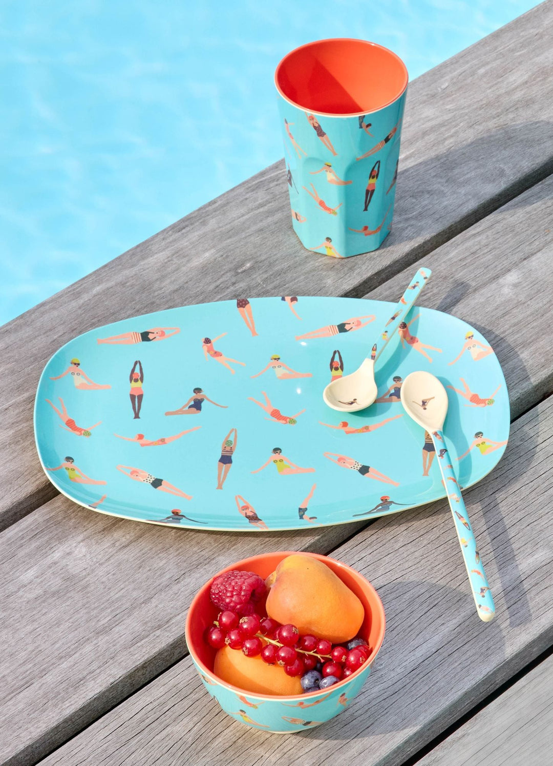 Large Rectangular Dinner Plate - Blue - Retro Swimster Print