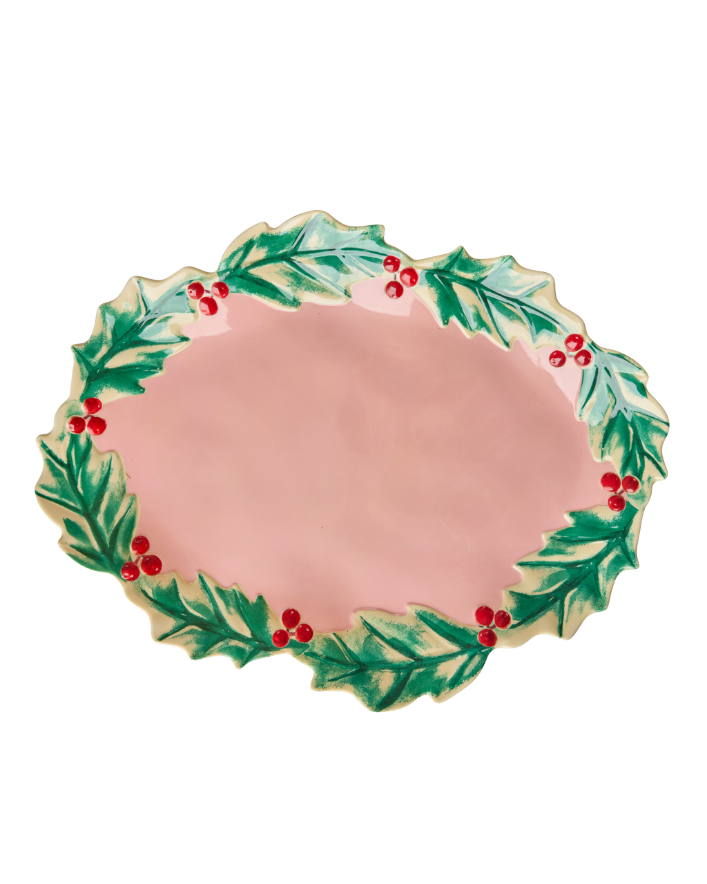 Melamine Christmas Serving Dish - Pink with Holly Edge
