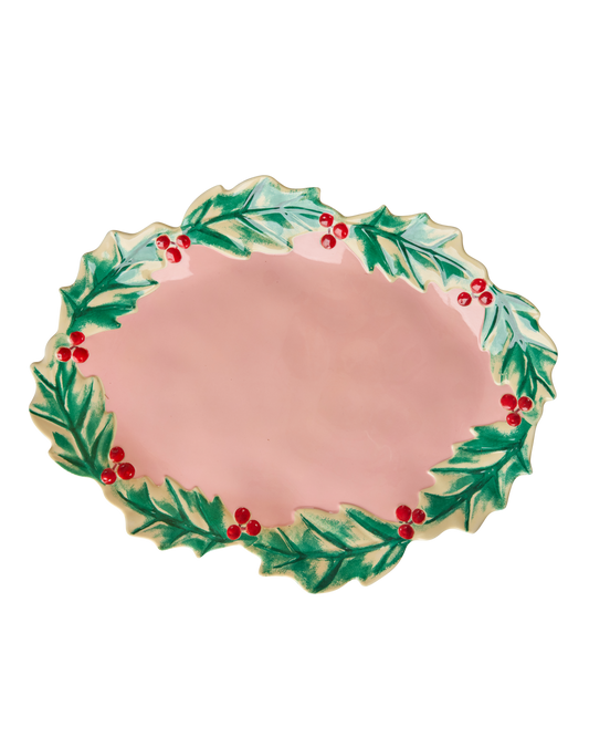 Melamine Christmas Serving Dish - Pink with Holly Edge