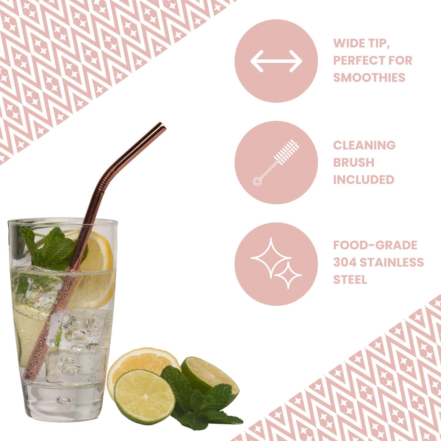 Reusable Stainless Steel Metal Straws - Rose Gold