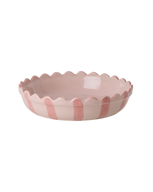 Stoneware Pie Dish in Pink with Coral Stripes and Edge - Small