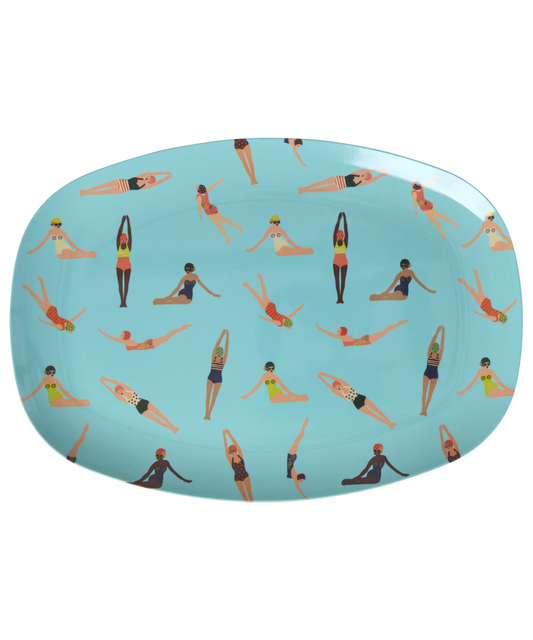 Large Rectangular Dinner Plate - Blue - Retro Swimster Print