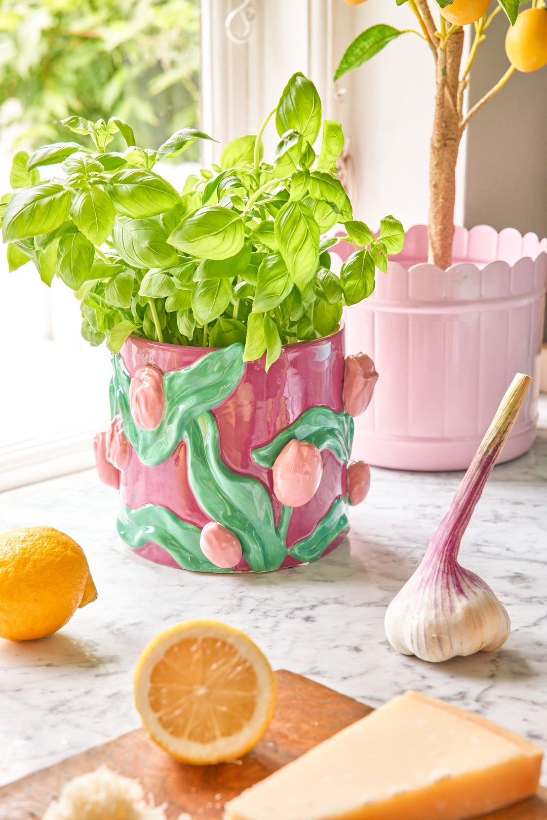 Ceramic Flower Pot - Bordeaux Embossed Tulips Design