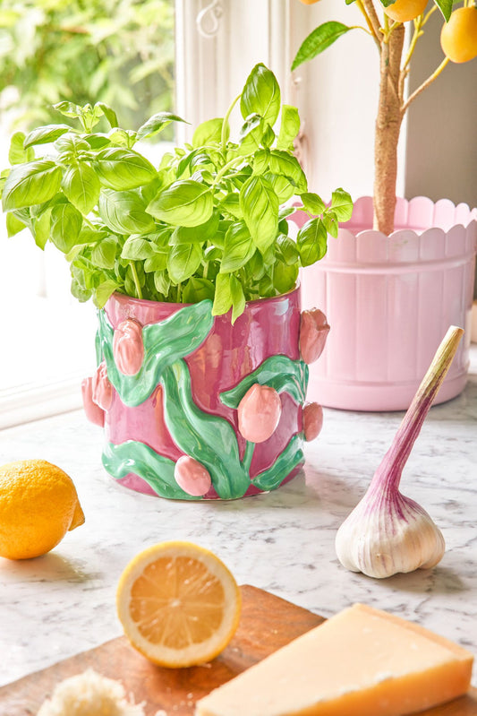 Ceramic Flower Pot - Bordeaux Embossed Tulips Design