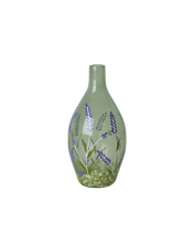 Load image into Gallery viewer, Glass Vase in Green with Purple Flowers - 650ml
