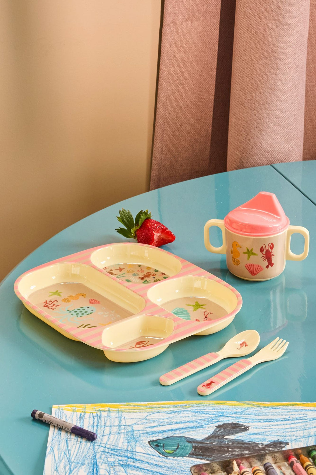 Melamine Kids 4 Room Plate - Coral Ocean Print