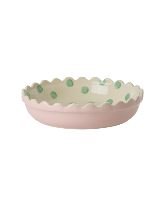 Stoneware Pie Dish in Two Tone Pink and Cream with Green Dots - Small