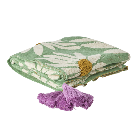 Knitted Blanket in Green with Embossed Flowers and Purple Tassels