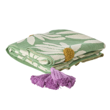 Load image into Gallery viewer, Knitted Blanket in Green with Embossed Flowers and Purple Tassels
