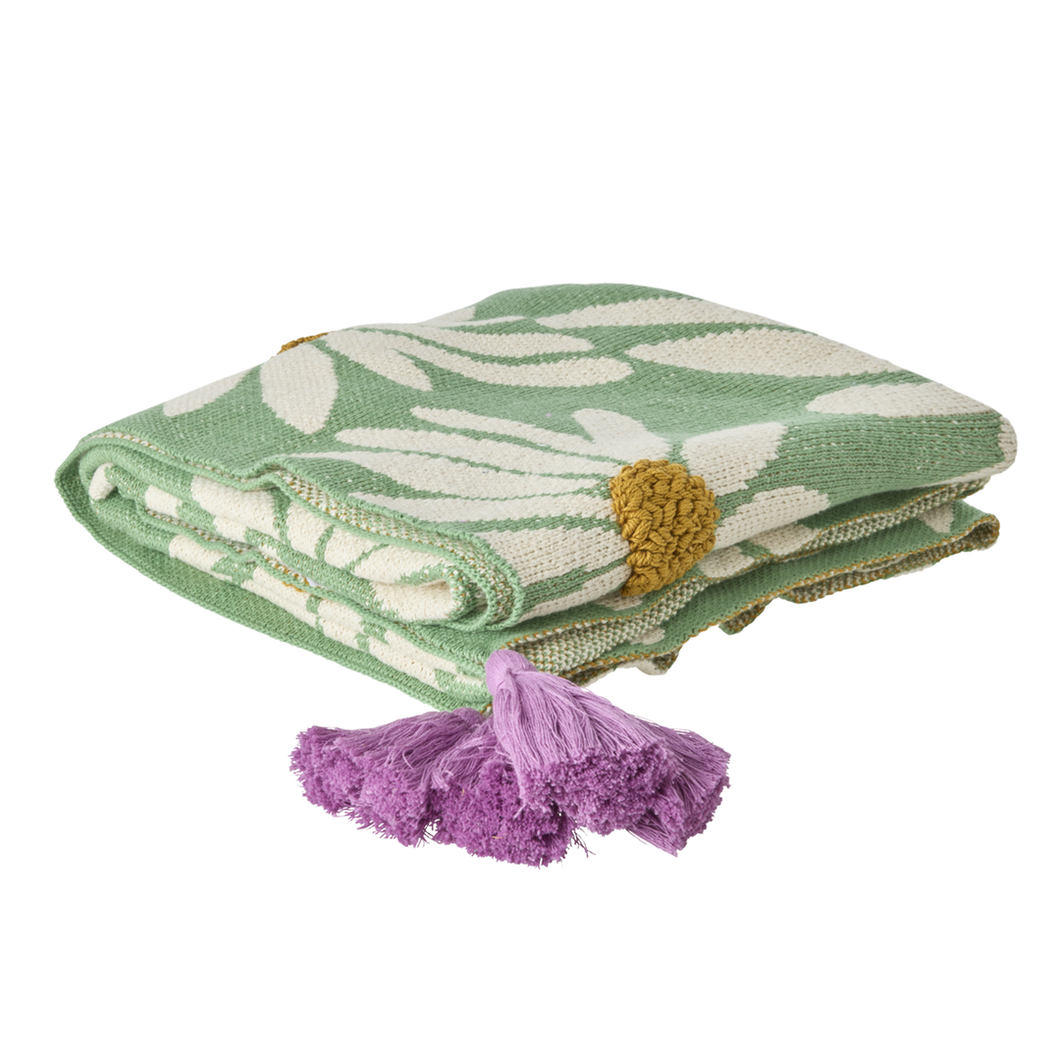 Knitted Blanket in Green with Embossed Flowers and Purple Tassels
