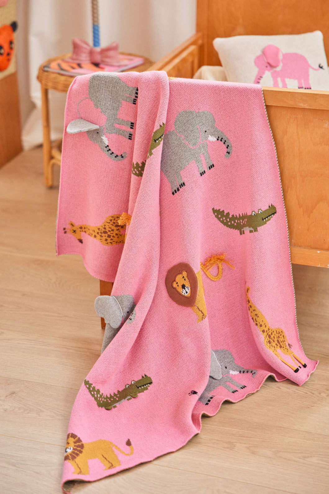 Knitted Baby Blanket in Pink with Animals
