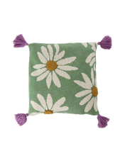 Load image into Gallery viewer, Square Knitted Cushion with Flowers and Tassels
