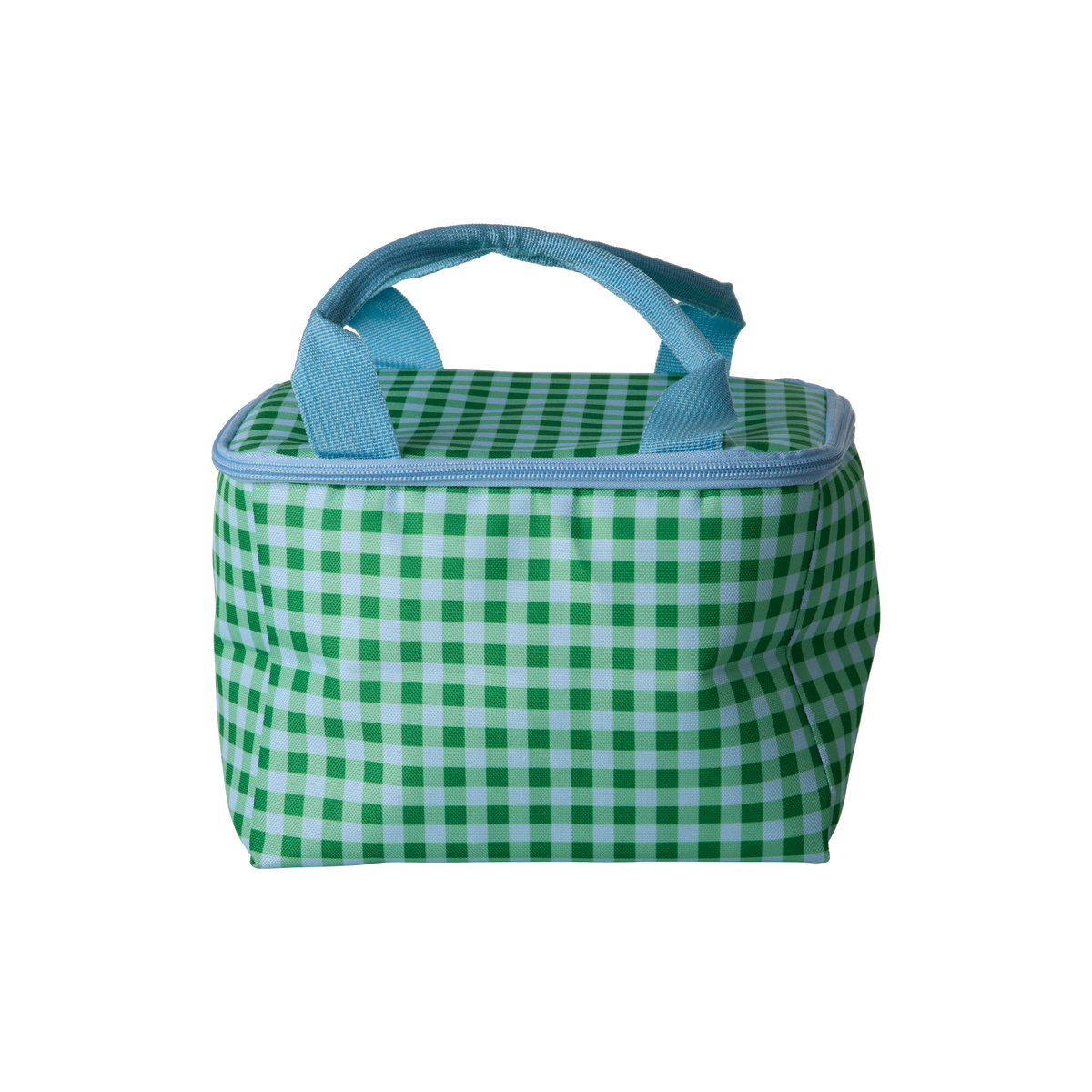 Green and white checkered lunch bag with a blue handle on a white background
