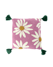 Load image into Gallery viewer, Square Knitted Cushion with Flowers and Tassels
